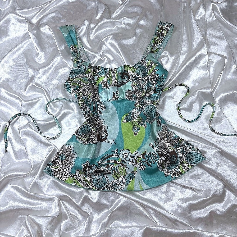 y2k Cami Top Turquoise Excellent Paisley Satin L.A. Kitty Floral Tie Back USA
